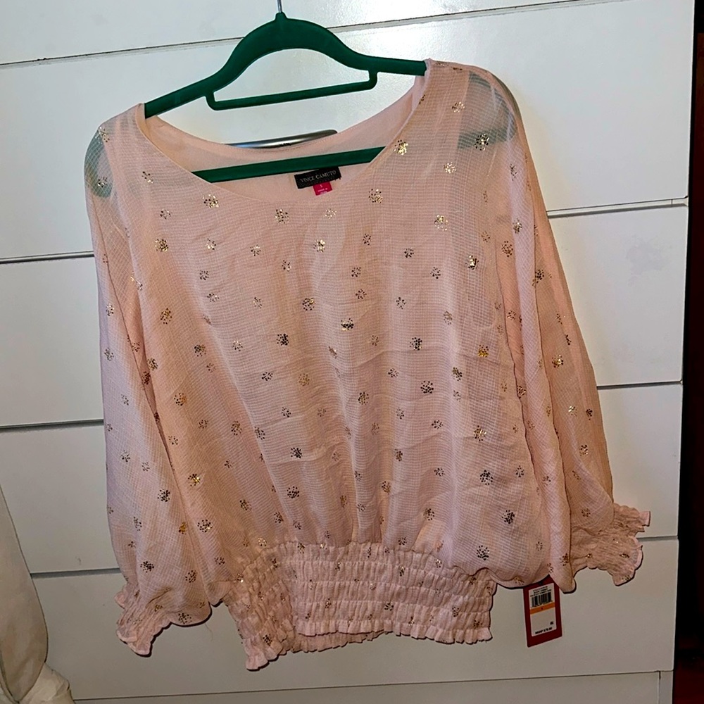 Vince Camuto-Sheer pink blouse with metallic gold details